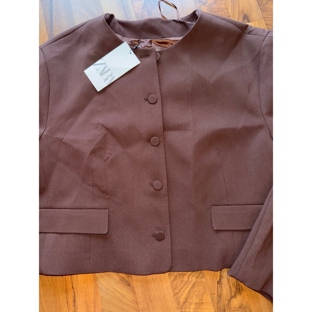 Zara Cropped Blazer Womens XXL Brown NEW Collarless Button Front officecore work - Picture 2 of 3